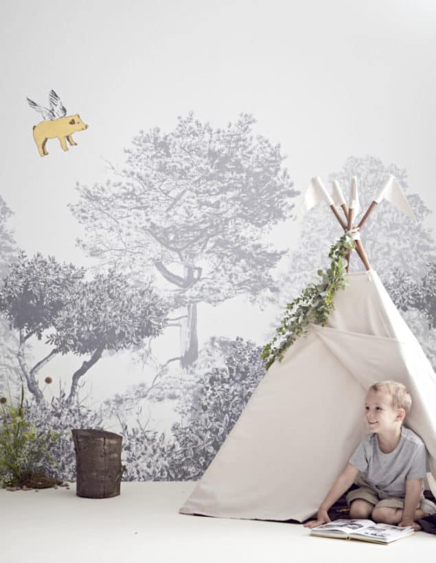 sian zeng hua trees wall mural in grey with tipi and boy