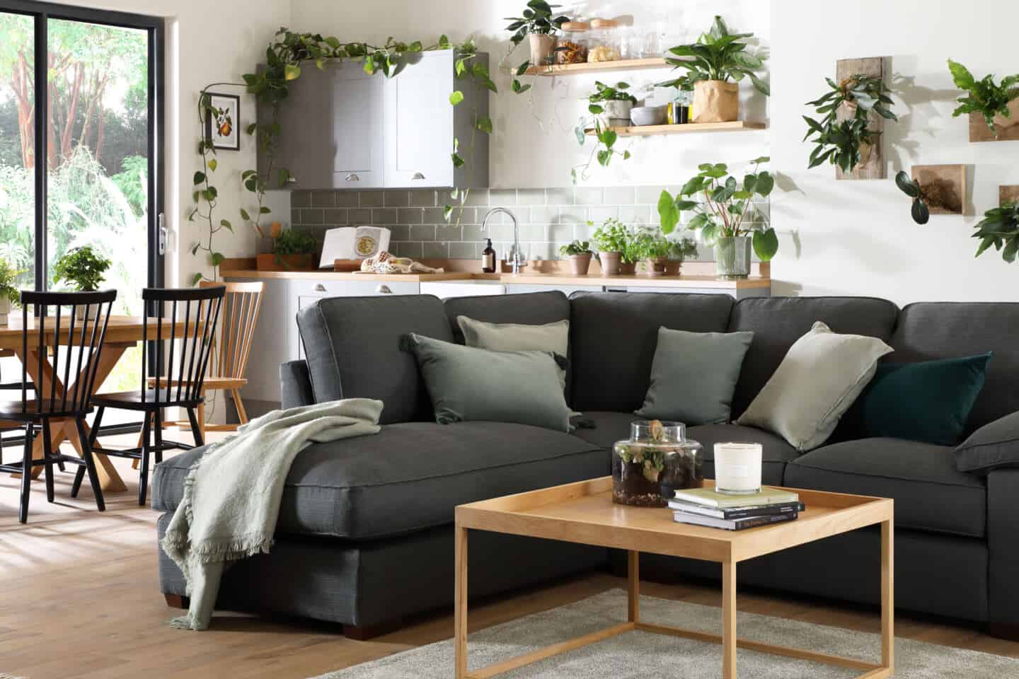 Biophilia in design. Living room and  featuring a grey sofa with a kitchen dining space behind. The room is full of plants.